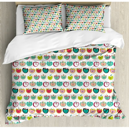 Apple Queen Size Duvet Cover Set Retro Style Fruit Illustration