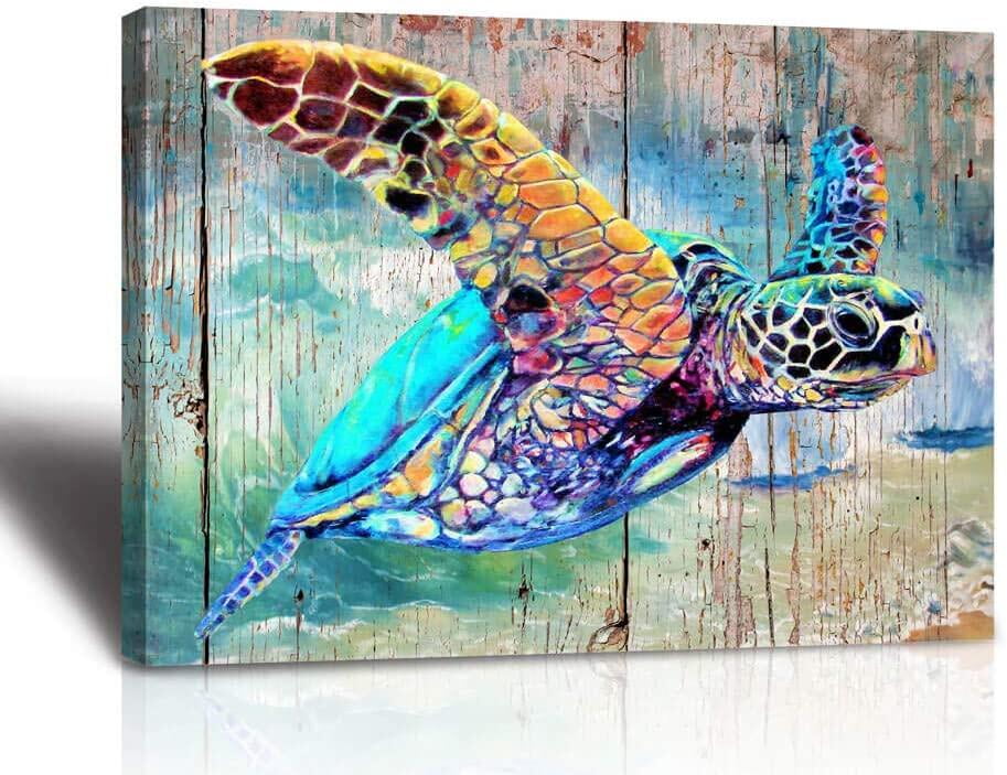 Ocean Turtle Bathroom Wall Canvas Print Cyan Watercolor Beach Theme Artwork