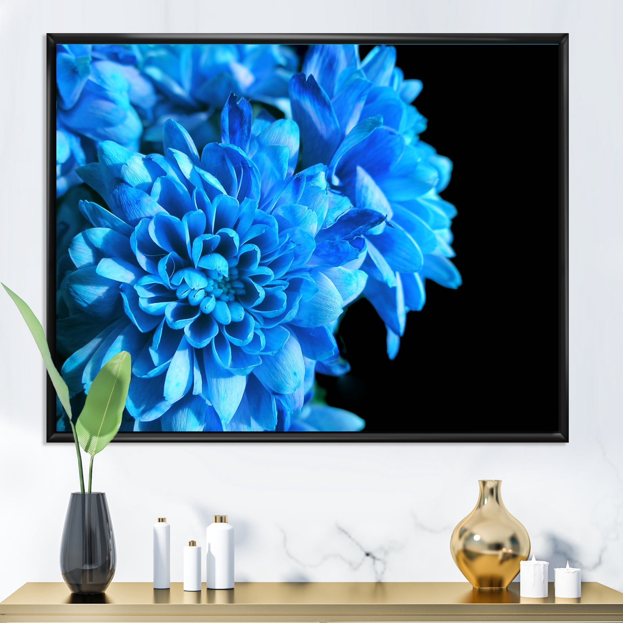 Detail of Blue Flowers On Black Background I 32 in x 24 in Framed Painting Canvas Art Print, by Designart
