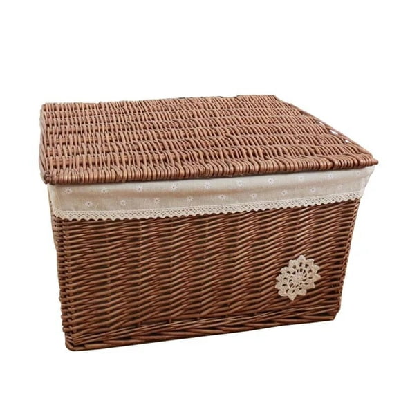 WHAMVOX Rattan Weaving Storage Basket Rectangular Wooden Decorative Box with Lid for Home Owners Living Room 1Set