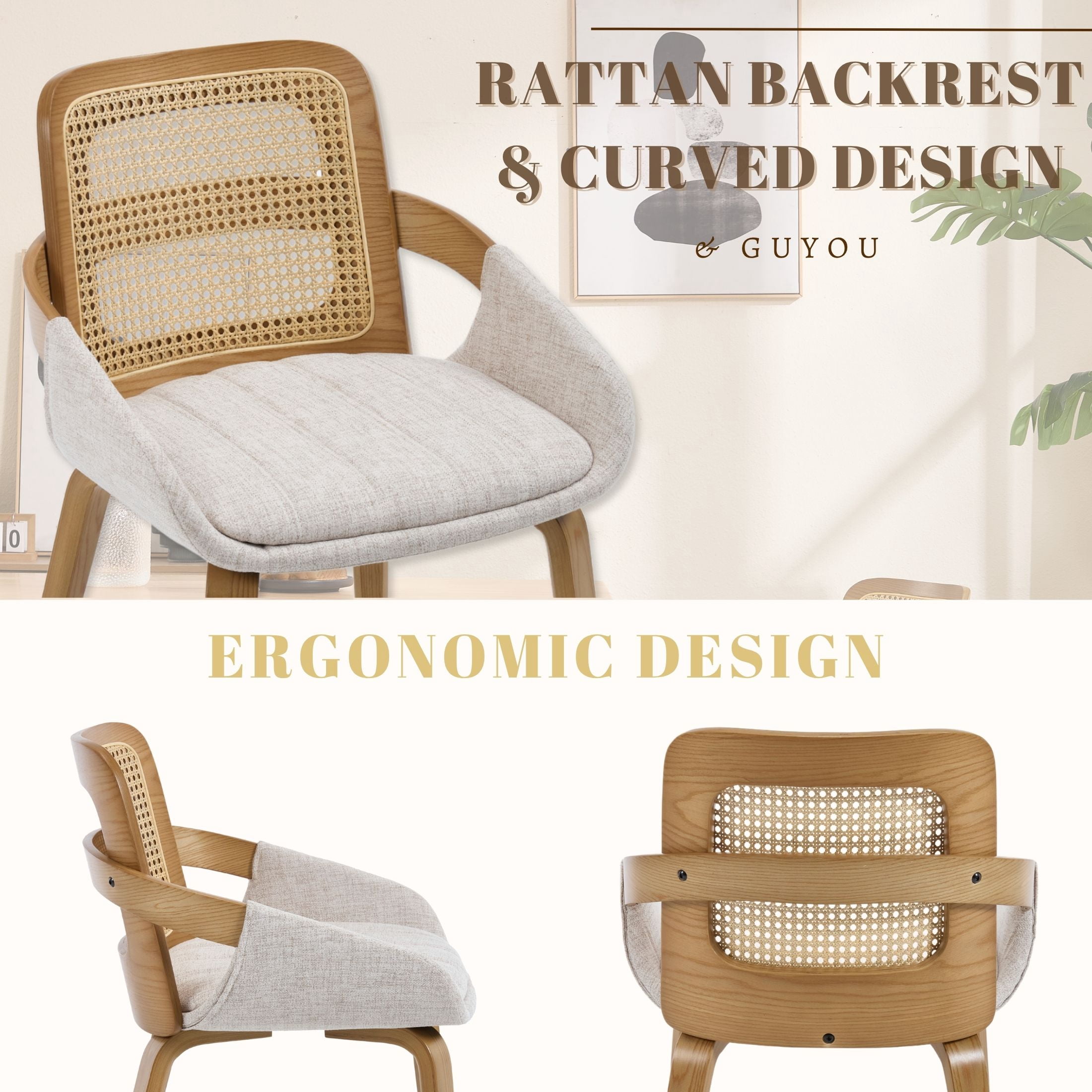 Guyou Modern Rattan Dining Chair Set of 2, Solid Wood Dining Side Chairs, Linen Upholstered Kitchen Chairs with Armrests for Kitchen Dining Room Living Room, Beige