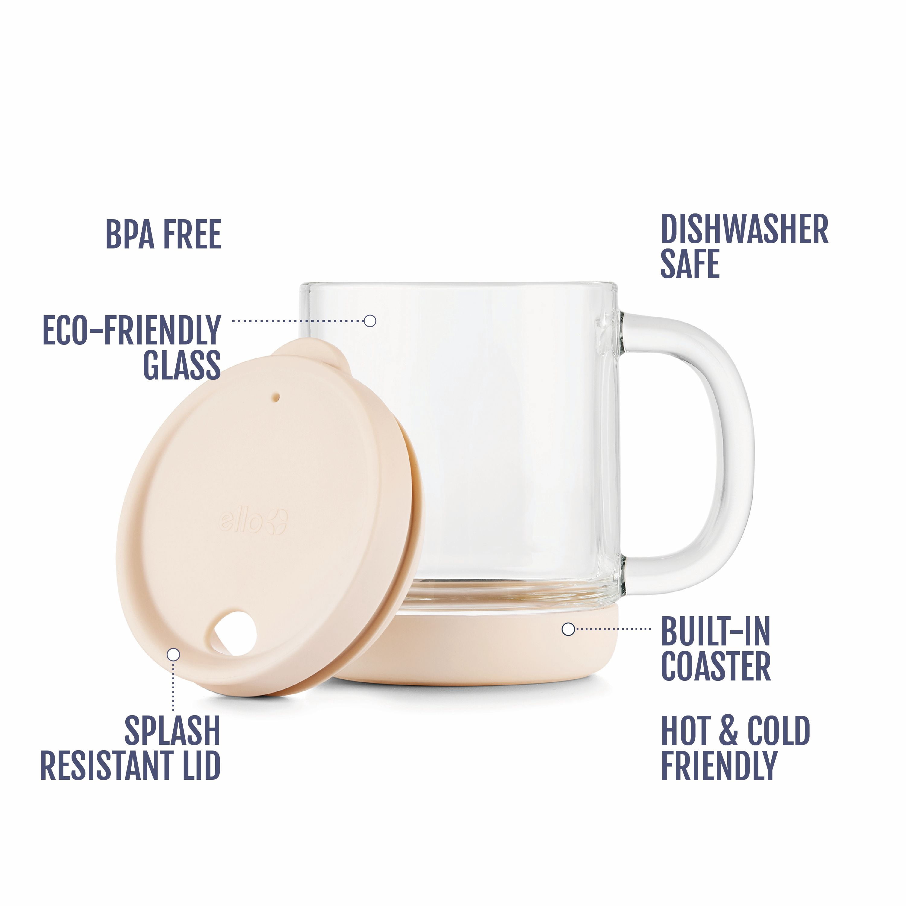 Ello Nova Shine 12oz Glass Mug with Lid | Built-In Handle, Silicone Boot, BPA Free, Dishwasher Safe | Hot and Cold Coffee Tea Mug | Sandbar