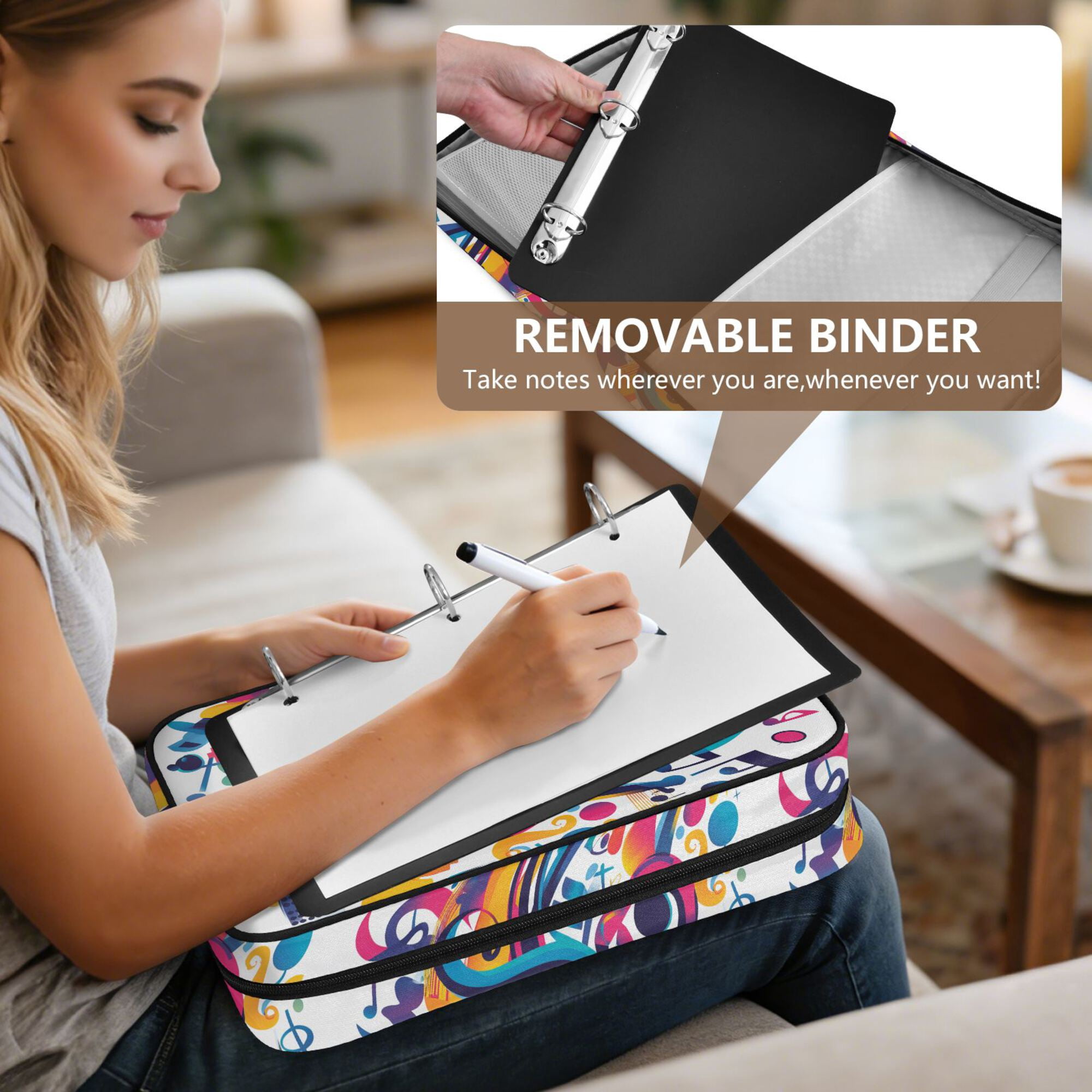 FORMRS Accordion File Folder A4 Size 7-Pocket Expanding Document Organizer Bag with 3 Ring Binder, Musical Pattern