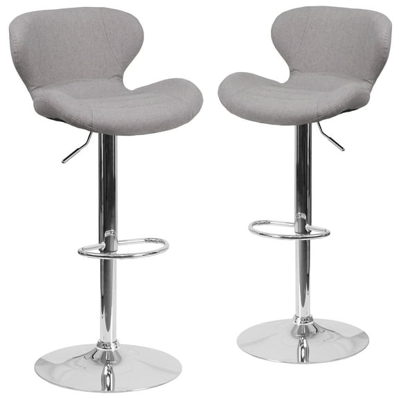 Flash Furniture Denville 2 Pack Contemporary Gray Fabric Adjustable Height Barstool with Curved Back and Chrome Base