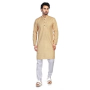 In-Sattva Mens Cotton Folk Print Banded Sattva-Collar Knee-Length Kurta Tunic; Haldi Yellow ; XXL