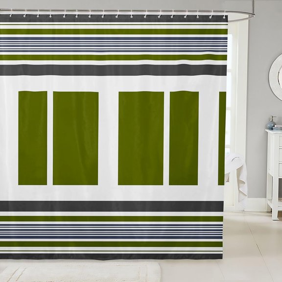 Striped Shower Curtain Green And Grey Fabric Bath Curtain with Blocks Design 71x71 inches