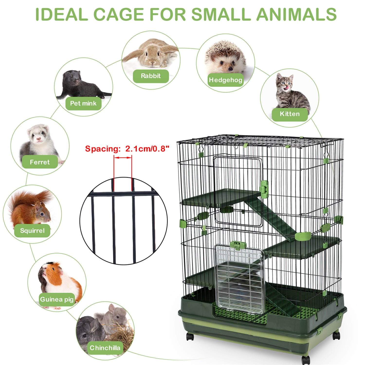 Pefilos 3-Tier Wire Cat Cage Playpen Kennel, 32" Collapsible Small Animal Metal Pet Cage with Lockable Casters Pull-out Tray for Rabbit Chinchilla Ferret Guinea Pig Squirrel Hedgehog, Green Pefilos 3-Tier Wire Cat Cage Playpen Kennel, 32" Collapsible Small Animal Metal Pet Cage with Lockable Casters Pull-out Tray for Rabbit Chinchilla Ferret Guinea Pig Squirrel Hedgehog, Green