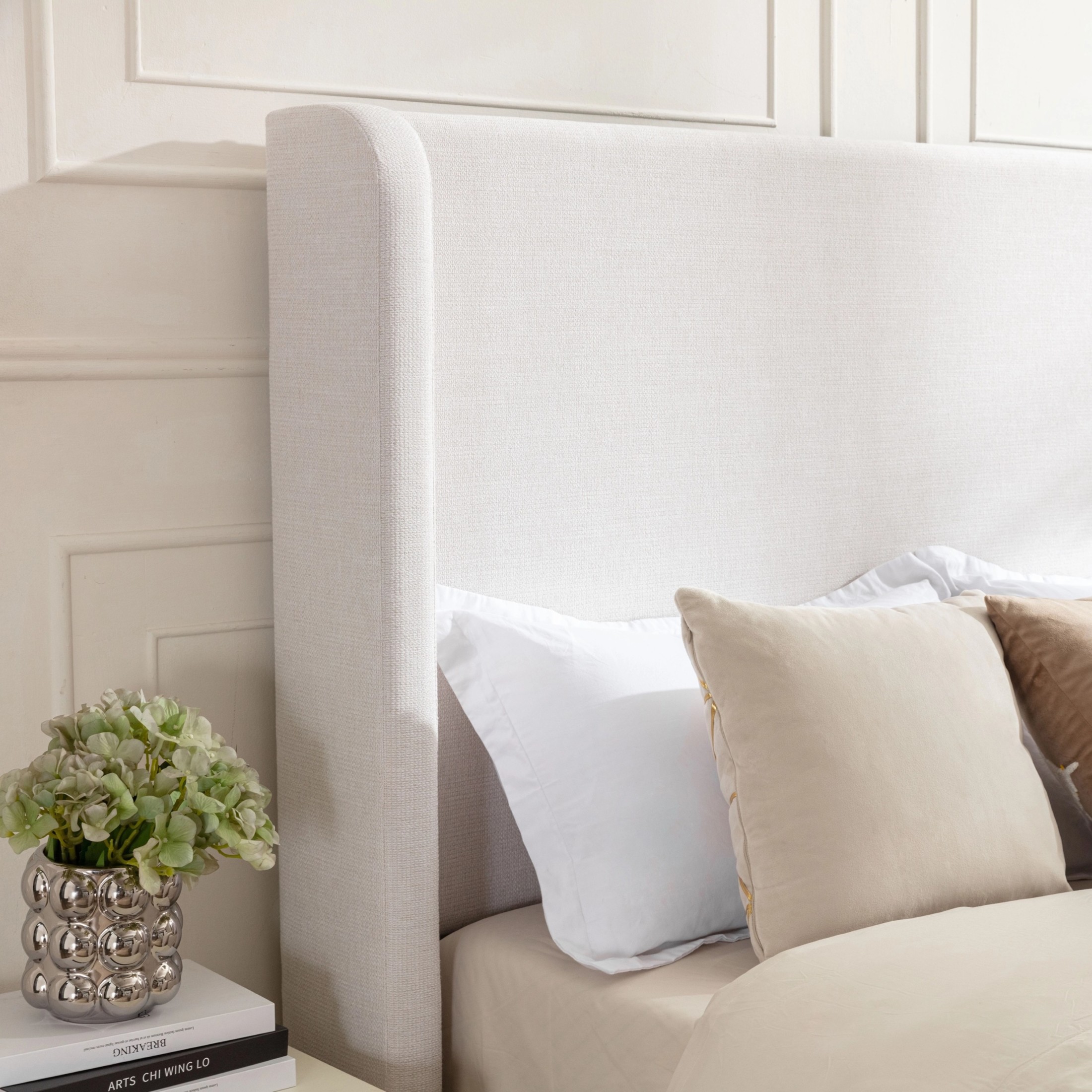 Noble House Hayden Queen Upholstered Bed Frame, 54" Tall Chenille Headboard with Curved Wingback, Ivory