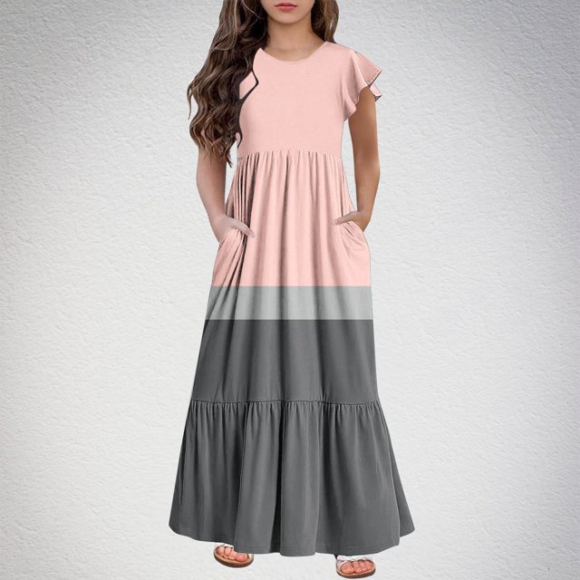 LOVZFMLL Robe à Manches Courtes pour Filles avec Poche Col Rond Manches Courtes