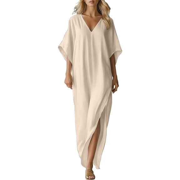 Bosfbaoi Dresses For Women Linen Cotton kaftan Maxi Dress V-Neck Batwing Sleeve Summer Dress Lightweight Loose Women Dresses Beach Cover Up with Side Slit