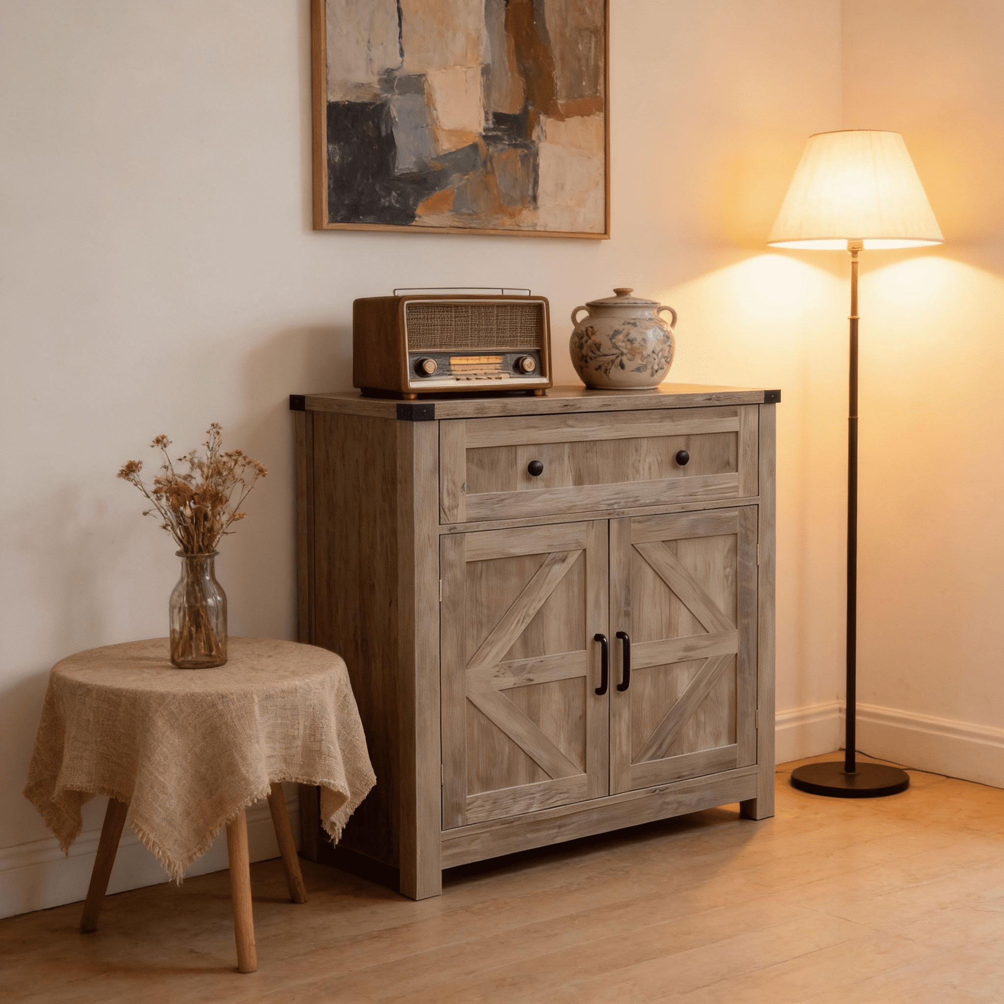Mintazer Farmhouse Sideboard Cabinet with Barn Doors & Drawer, Rustic Storage Cabinet for Kitchen & Living Room, Grey