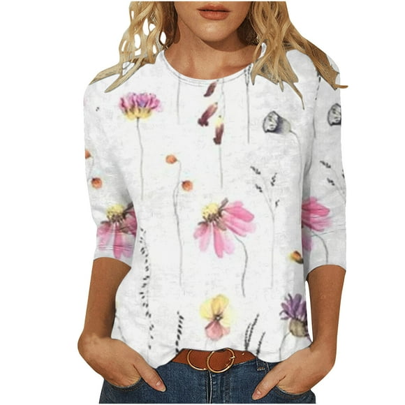 Staron Women's T Shirts Casual Crewneck T-Shirts Floral Print Loose Fitting Shirts 3/4 Sleeve Vintage Comfy Tops Tee