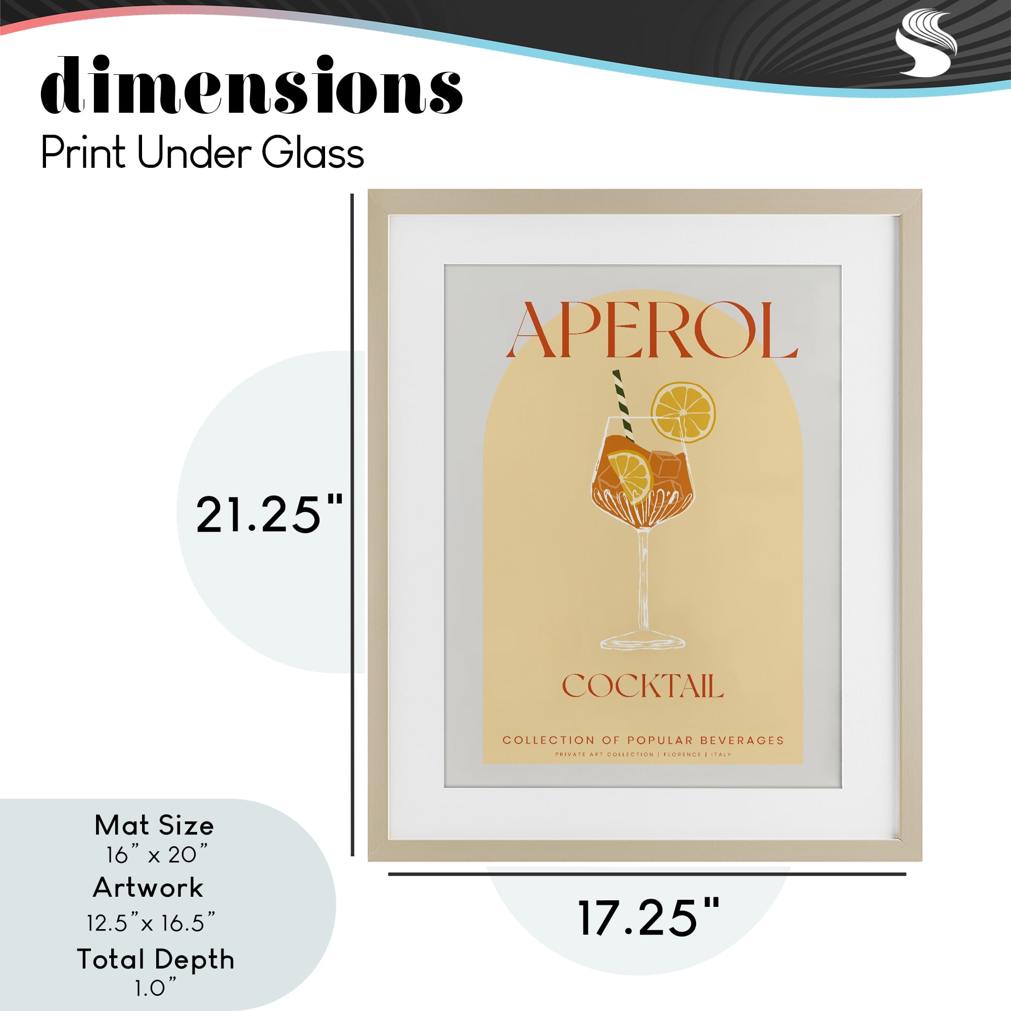 Stylish Retro Aperol Cocktail Birch Framed Print Under Glass, design by Lil' Rue