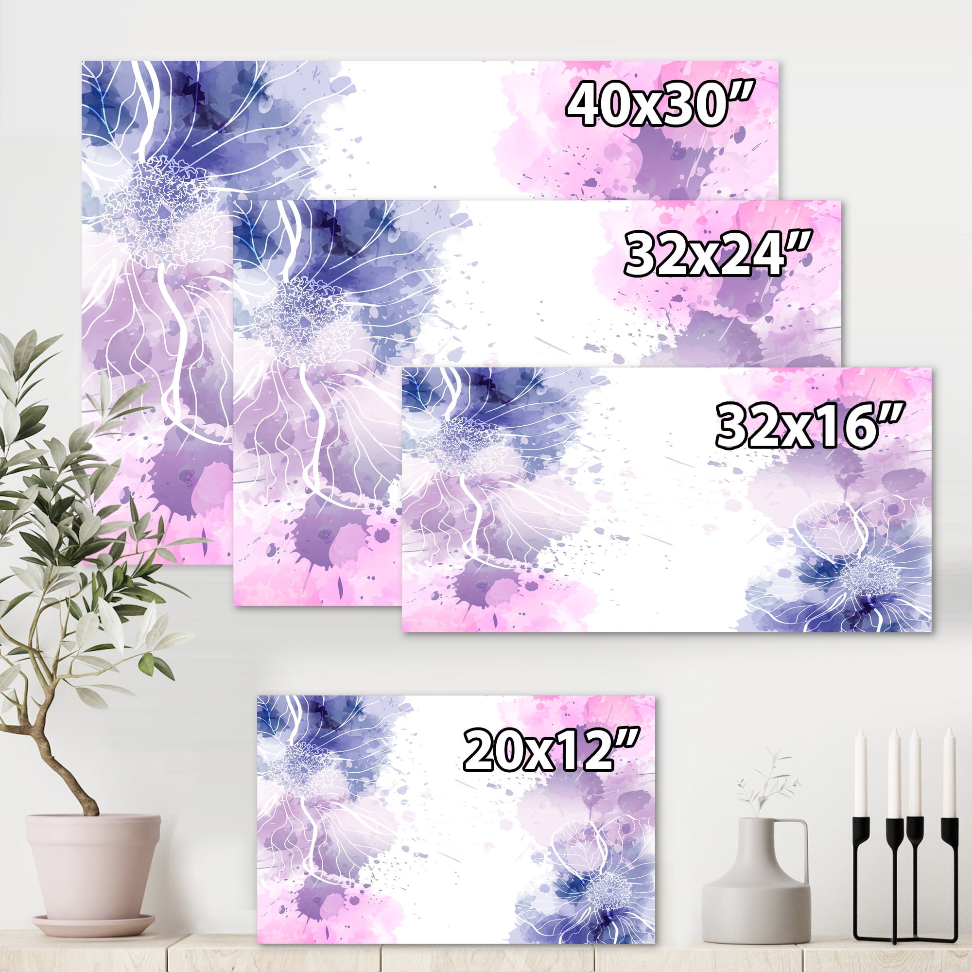 Designart ' Pink and Purple Abstract With Colorful Splashes I ' Modern Canvas Wall Art Print