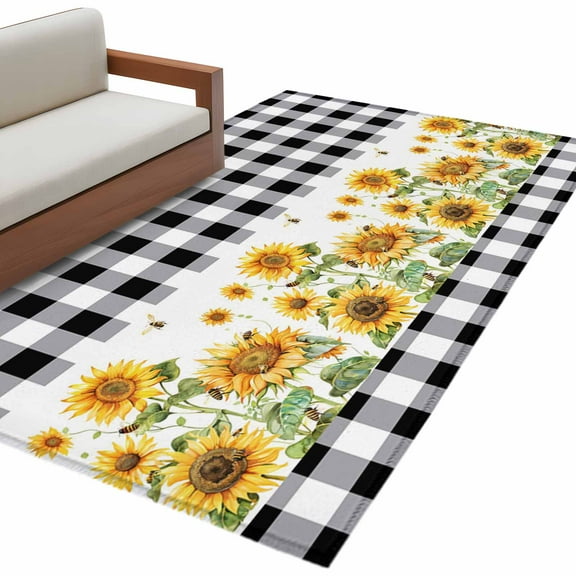 Sunflower Area Rug 3x5 FT, Non Slip Entryway Bedside Carpet, Black White Buffalo Plaid Check Country Bee Washable Soft Floor Carpet Indoor Mat Non-Shedding Throw Rug for Dorm Kitchen Home Office