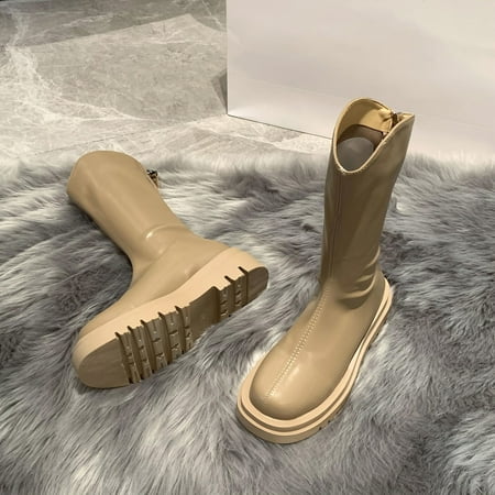 

Tawop Tan Boots For Women Ladies Boots Thick-Soled Mid-Tube Boots Round Toe British Style All-Match Solid Color Boots Shoes Thigh High Boots For Thick Thighs Rain Boots Women