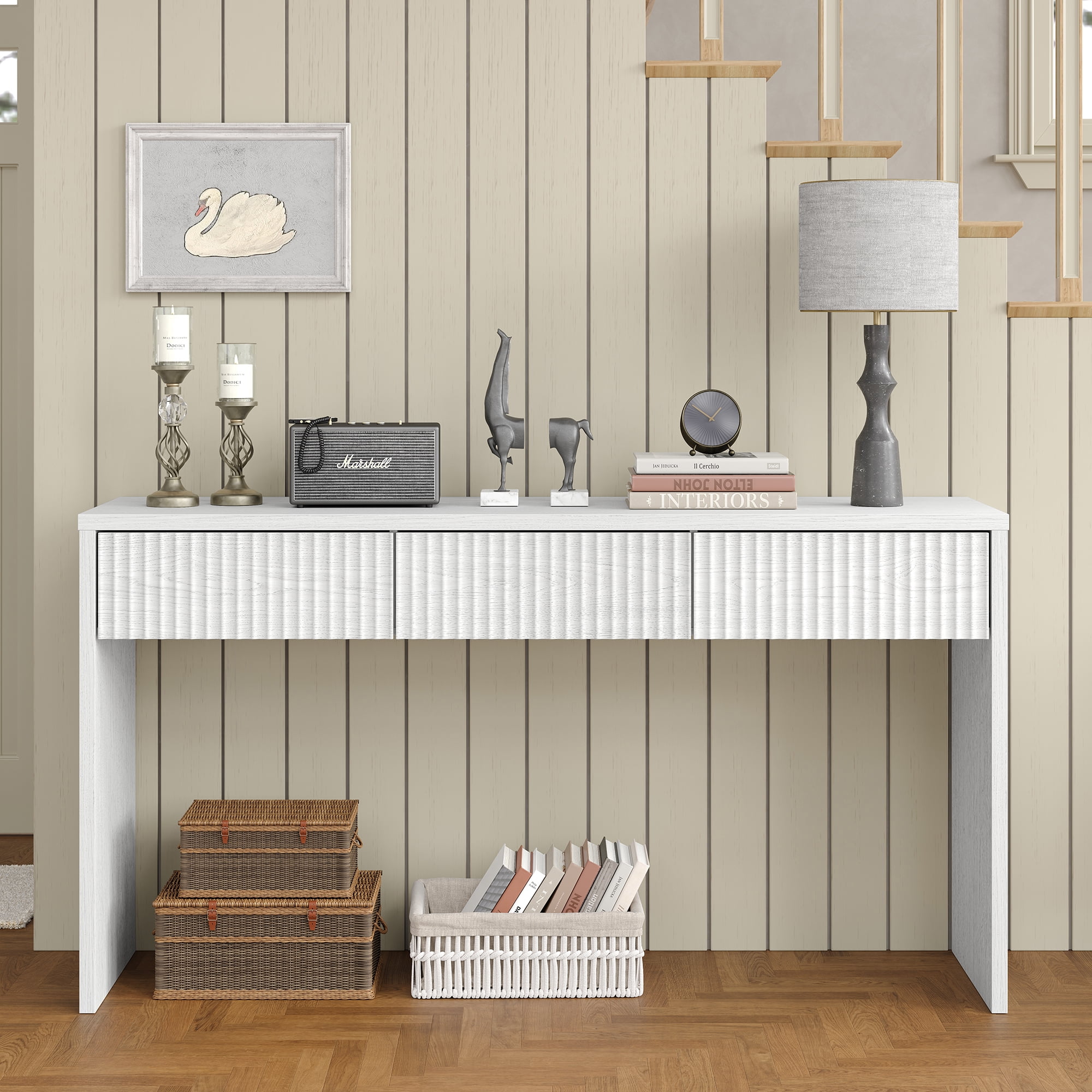 Furnihold 55"W Fluted Console Table with 3 Drawers, Narrow Long Entryway Table for Hallway, Living Room, White