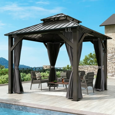 GARTOO 8.5 x 8.5 Ft. Outdoor Double Steel Roof Hardtop Gazebo, Patio Aluminum Frame Gazebos with Netting and Curtains for Garden, Backyard