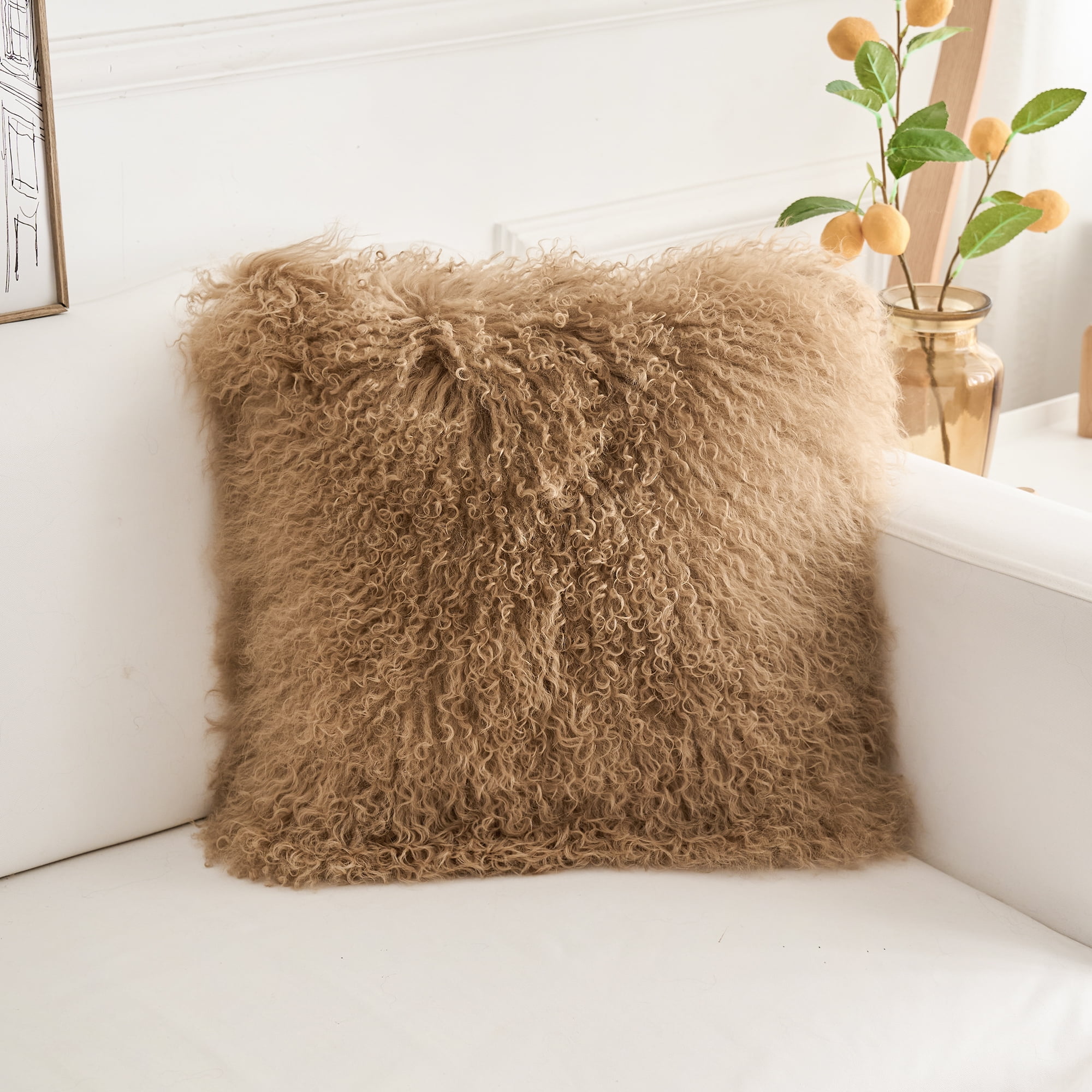Firesidefur Lamb Fur Pillow Cover - 16"x16", Beige
