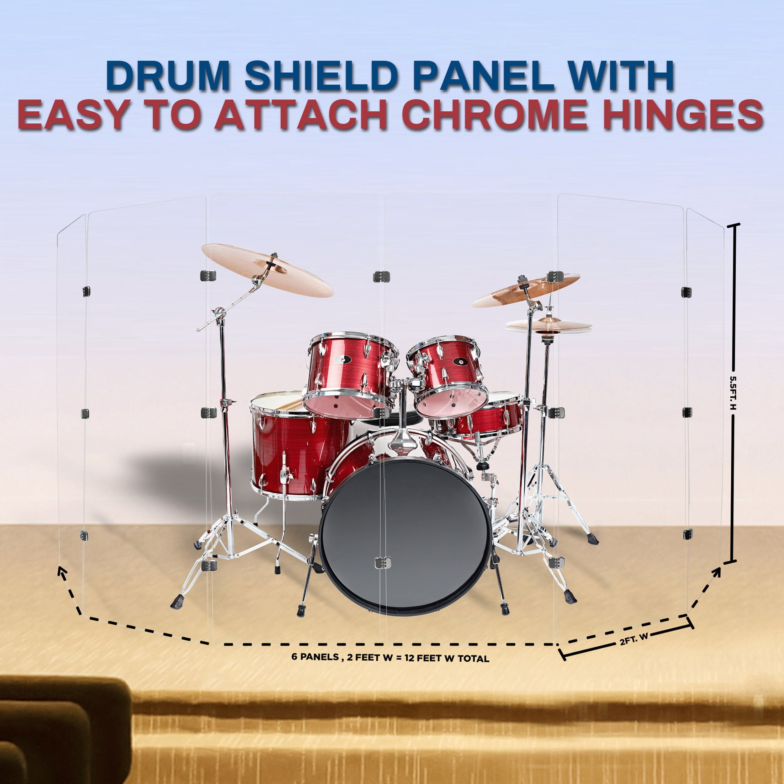 PENNZONI Drum Shield, 4 Panels & Deflectors w/ Chrome Hinges, 5.5 ft. Clear Acrylic Panels