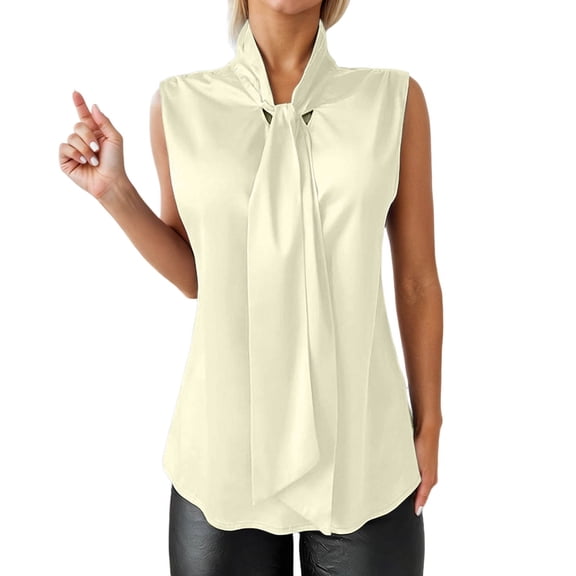 GPOECD Sleeveless Blouses for Women Elegant Satin Camisole with Bow Tie Detail V Neck Casual Tank Top Womens Tops Beige,L