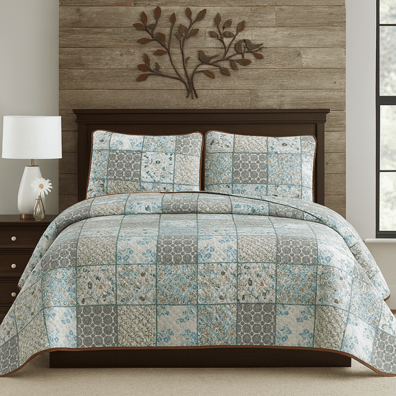 DBOZE American Traditional Floral Quilt Set Reversible Lightweight Sateen Bedspread with Matching Shams for All Seasons
