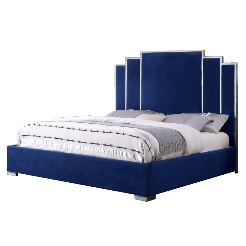 63" Geometric Headboard and Bedframe in Blue Velvet EasternKing/King