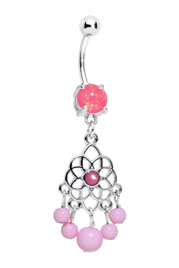 Steel Iridescent Pink Accent Lotus Dreamcatcher Dangle Belly Ring