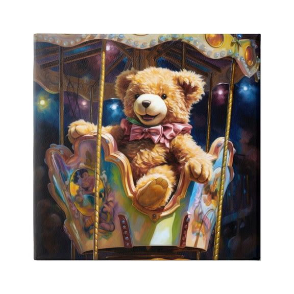 Stupell Industries Teddy Bear on Carousel Animals & Insects Painting Gallery Wrapped Canvas Art Print Wall Art, 17 x 17