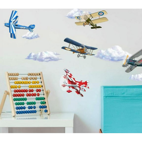 Vintage Barnstorming Antique Planes Wall Decal Stickers and Clouds Kids Room Decor (5) Airplanes 5"-7.5" (6) Clouds 4.5"-13.5"