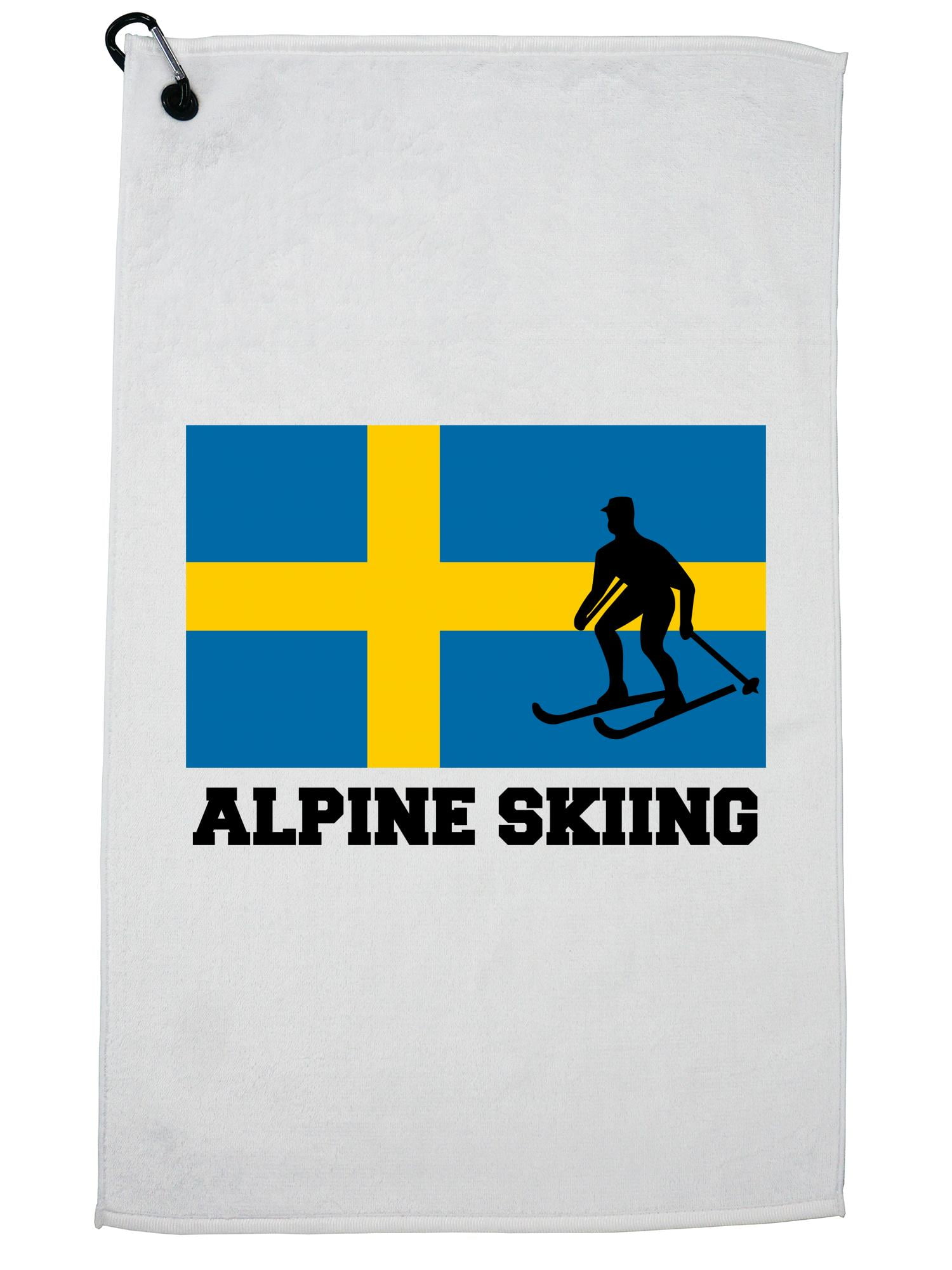 Sweden Olympic Alpine Skiing Flag Silhouette Golf Towel with Carabiner Clip by Hollywood Thread