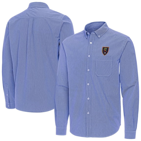 Men's Antigua Blue Real Salt Lake Porter Woven Tri-Blend Long Sleeve Button-Down Shirt