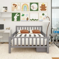 Full Size Wood Platform Bed with Guardrails on Both Sides and Two Storage Drawers, Gray