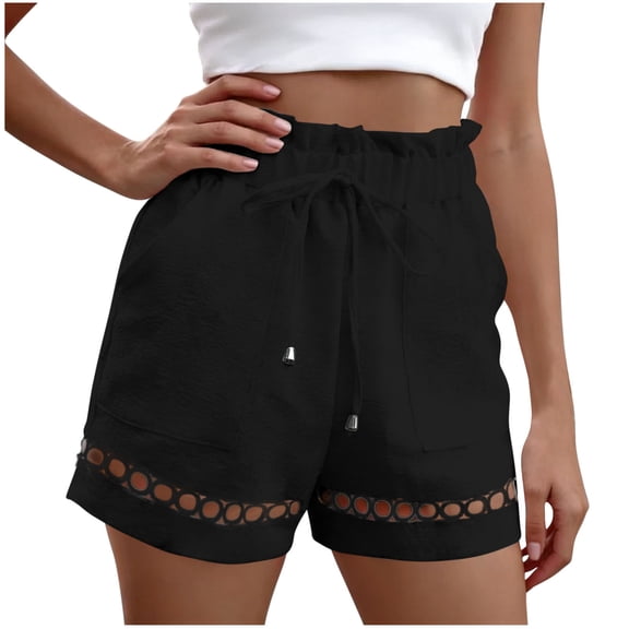 100% Cotton Shorts for Women Hollowed Out Pleated Elastic High Waist Drawstring Casual Solid Color Gym Shorts for Summer Black S-2XL