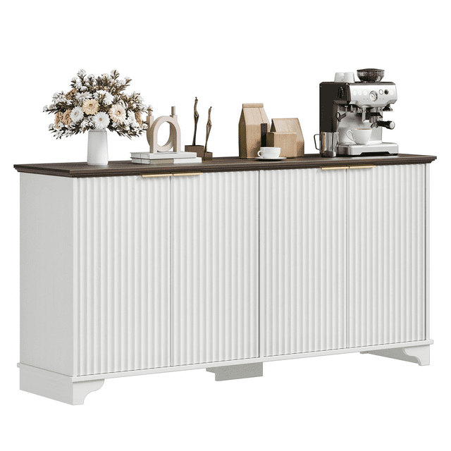 Fluted Sideboard Buffet Cabinet with Storage, 4 Door Kitchen Storage Cabinet, Coffee Bar Buffet Cabinetry with Adjustable Shelves, Extra Load-Bearing Support Feet, for Kitchen