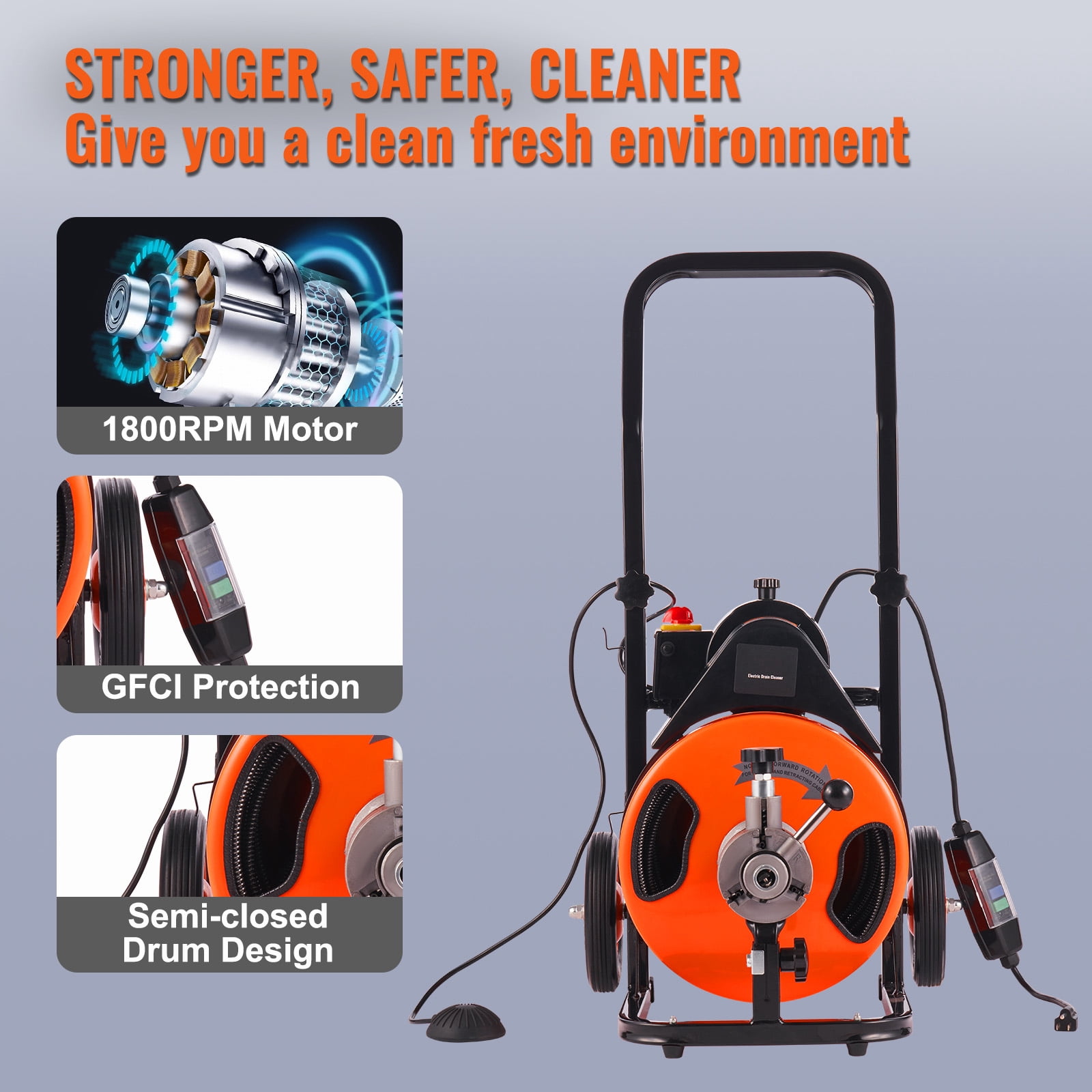 BENTISM Drain Cleaner Machine 100 FT x 1/2 " , Sewer Auger Auto Feed with 4 Cutter & Air-activated Foot Switch for 1" to 4" Pipes, Orange, Black