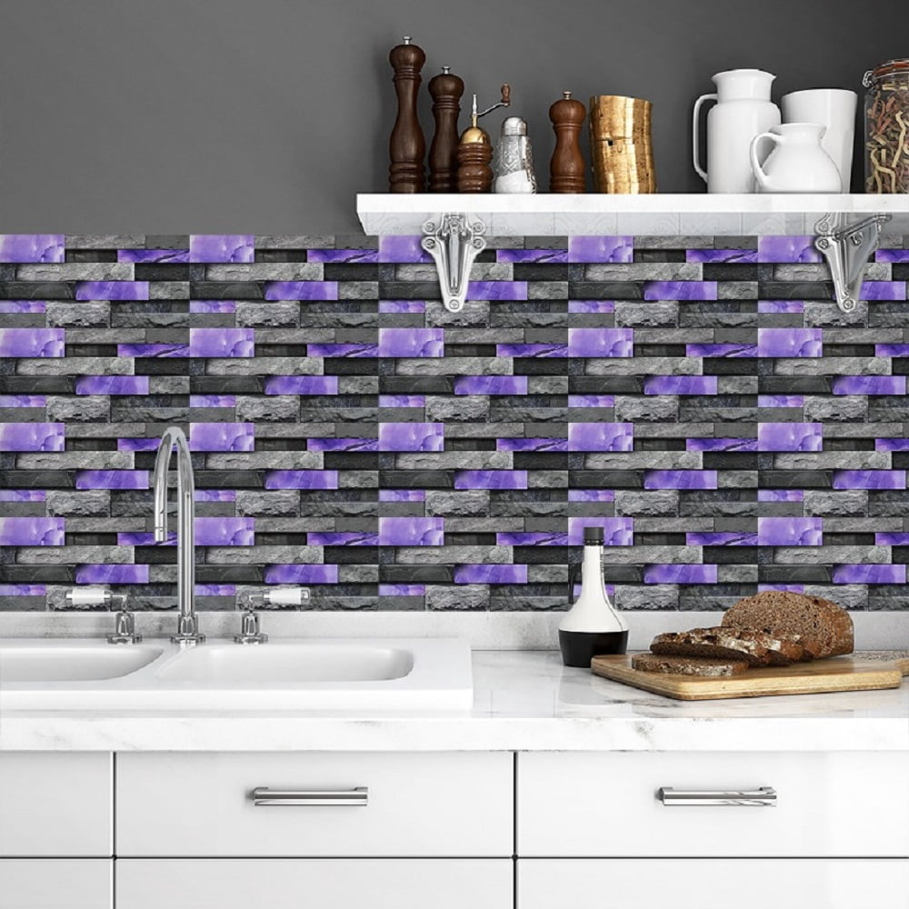 24 Sheets Peel and Stick Backsplash Marble Wall Tiles Waterproof Oilproof Purple Glossy Imitation Stone Brick Wall stickers PVC Shower Wall Panels for Interior Wall Decor