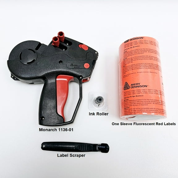 Monarch 1136-01 Price Gun Including Labels (FL Red, 1 Sleeve 8 Rolls) & Scraper - Two Line Labeler