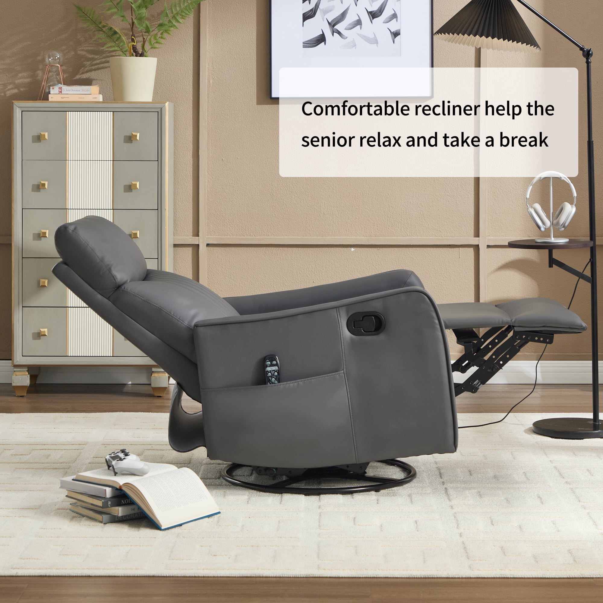 Leumius Manual Swivel Rocker Recliner Chair for Adults,Overstuffed Reclining Glider Chair with Vibration Massage & Heat,Upholstered Recliners with Side Pockets for Living Room,Grayish Green PU