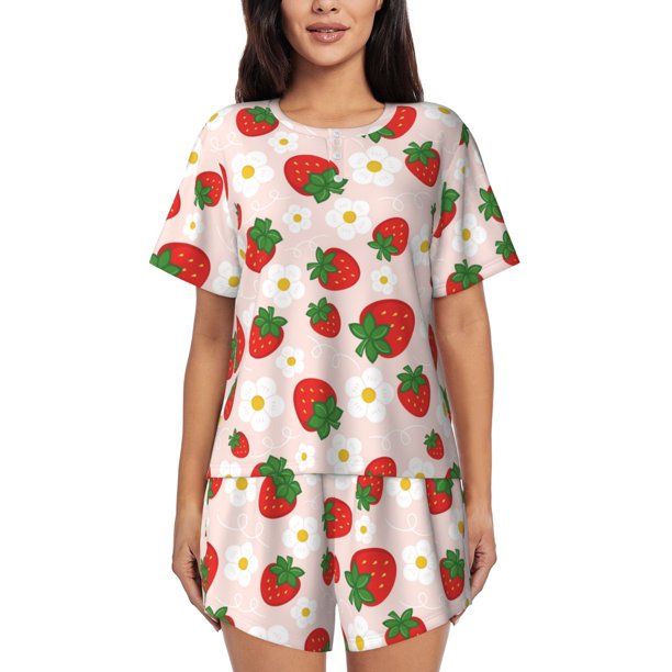 Fotbe Strawberry Floral Conjunto de Pijama Estampado para Mujer, 2 Piezas, Ropa de Dormir con Camiseta de Manga Corta y Shorts Suaves-X-Large