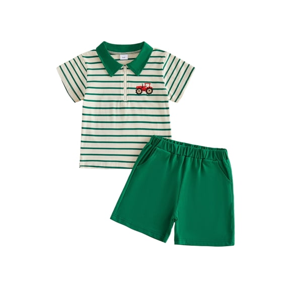 BemeyourBBs Toddler Baby Boy Golf Outfits Infant Boys Summer Clothes Short Sleeve Half Zipper Lapel Collar Golf Cart Embroidery Striped Shirt Top and Shorts Set Pockets