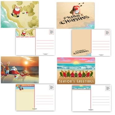 Assorted Santa and Reindeer at Beach Christmas Postcard - 40 Holiday Postcards -