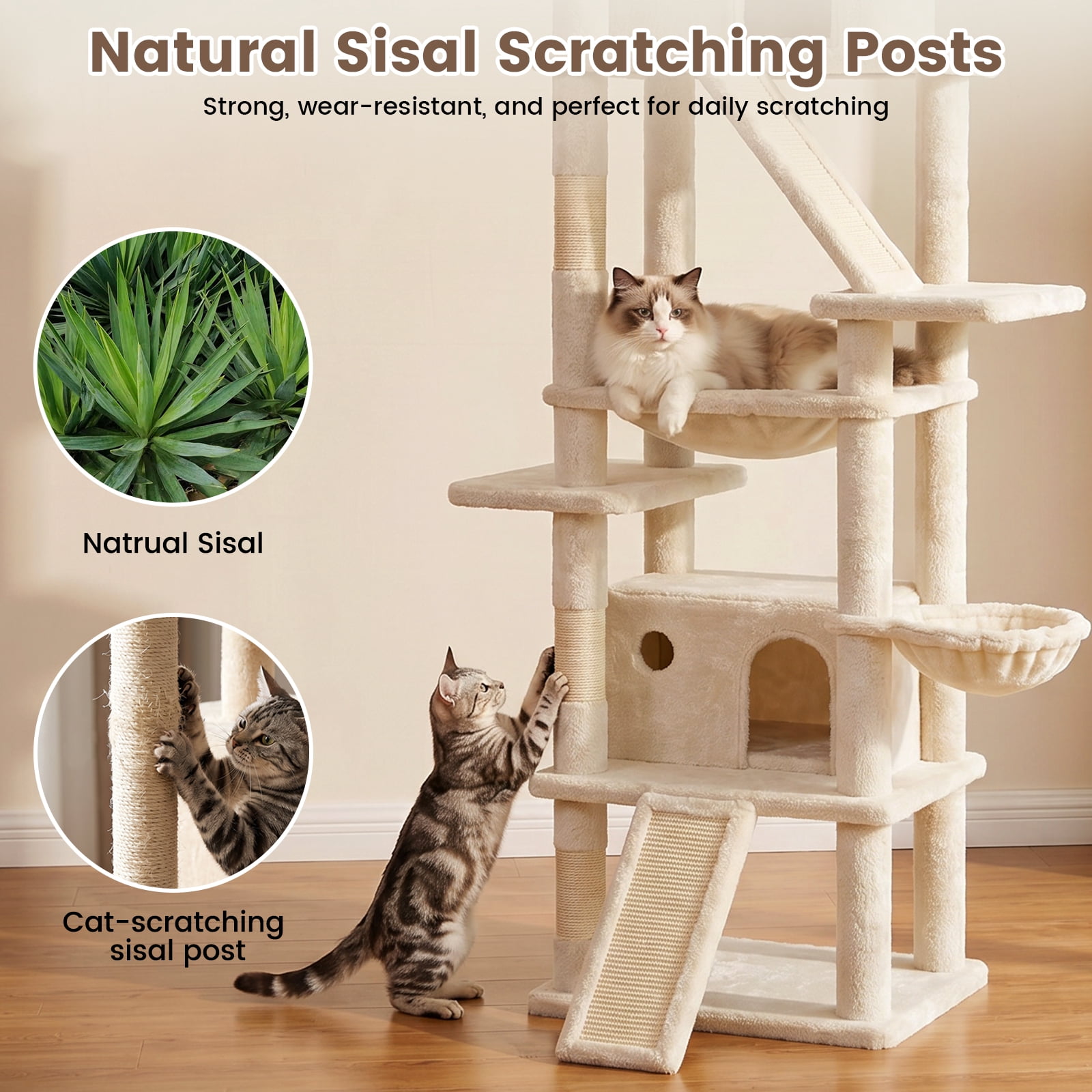 CATGOOD 81" Cat Tower, Big Cat Treefor Multiple Adult Cats, Multi-Level Tall Cat Tree with 2 Platforms, 2 Condos, 2 Hanging Basket, Hammock and Scratching Post for Indoor Kitties, Beige
