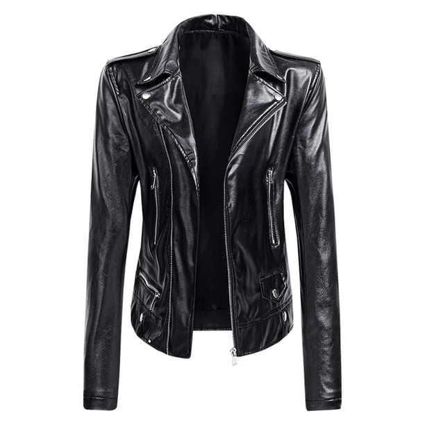 Chaquetas para mujer Cuello de solapa Botón Chaqueta de moto Chaqueta corta de cuero Abrigo Odeerbi ODB-3