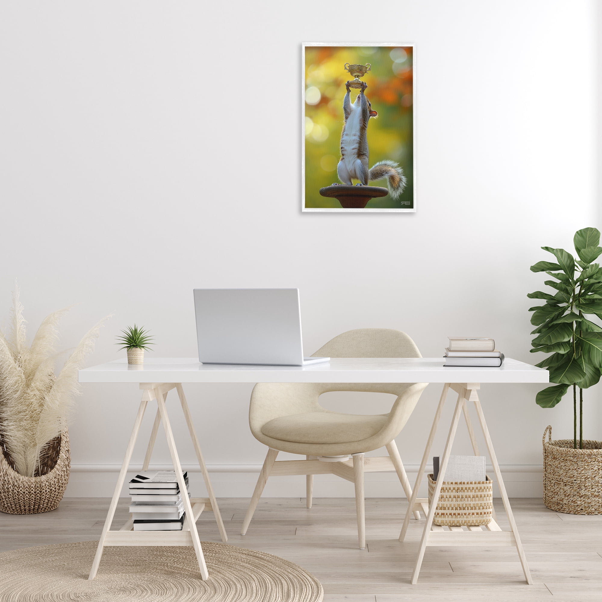 Stupell Industries Squirrel Holding Trophy Novelty Painting White Framed Art Print Wall Art, 16 x 24