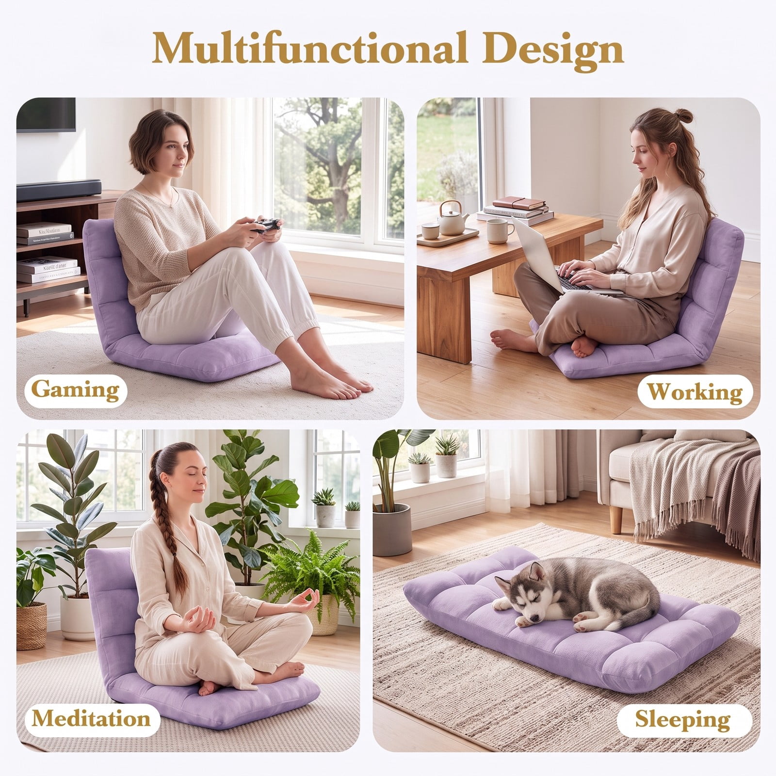 Furnibear 14-Position Adjustable Floor Chair, Padded Folding Lazy Sofa Gaming Chair with Cushioned Back Support for Living Room Bedroom Reading Meditation, Light Purple
