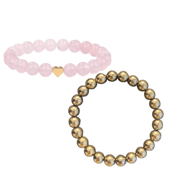 2 Pcs Energy Boosting Gemstone & Rose Quartz Heart Anxiety Relief Bracelet Set, Natural Stretch Beaded Wristband, Unisex Women Wellness Jewelry Gift, 7in