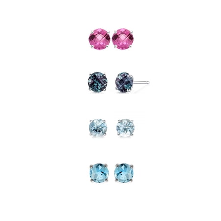 Paris Jewelry 24k White Gold 3Ct Created Pink Sapphire Alexandrite Aquamarine and Blue Topaz 4 Pair Round Stud Earrings Plated