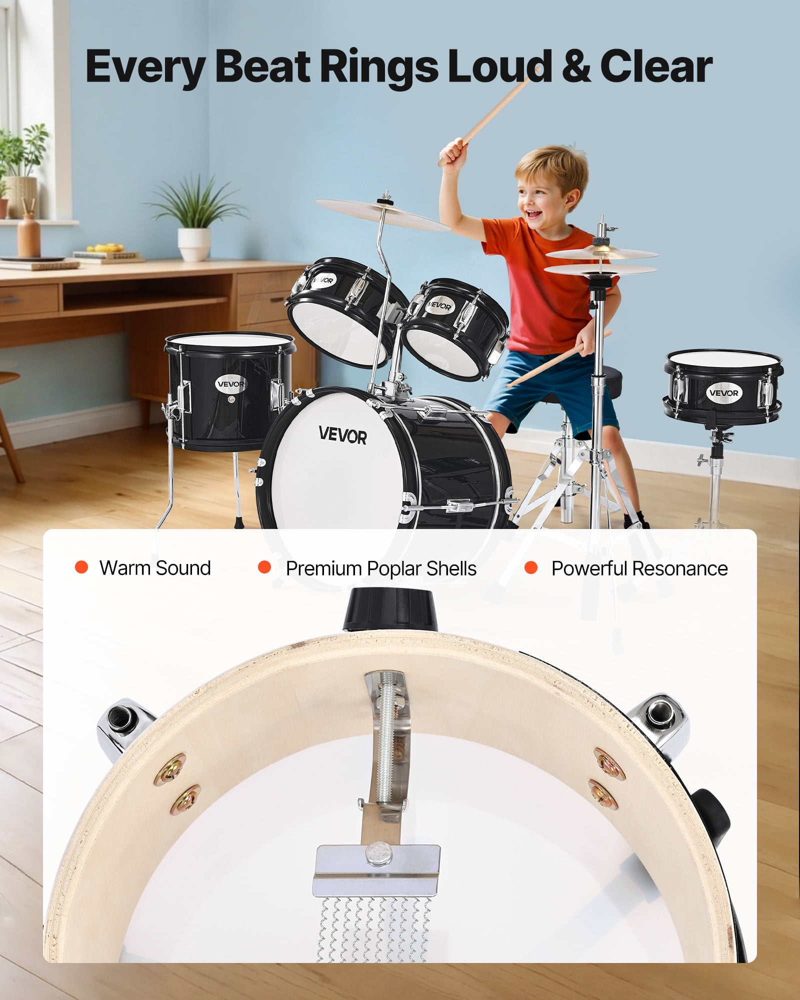 VEVOR Kids Drum Set,5-Piece 14 in Junior Drum Sets, Beginner Drums Set with Adjustable Throne, Cymbal & Two Pairs of Drumsticks, Musical Learning Drums Kit(Black)