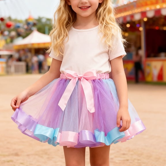 ZHOGXU Big Kids Girls Skirt Elastic Waist Color Block Mesh Bow Design Comfortable Stylish Skirts For Carnival Party And Daily Wear Purple 6-8 Years